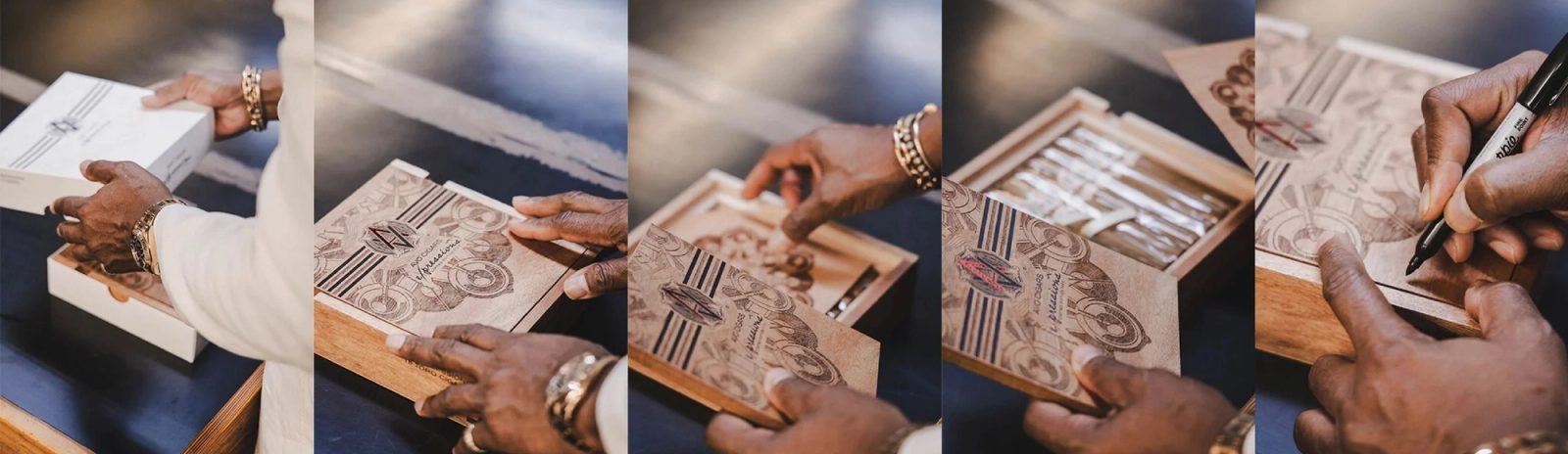 AVO cigar boxes and production details in a campaign collage