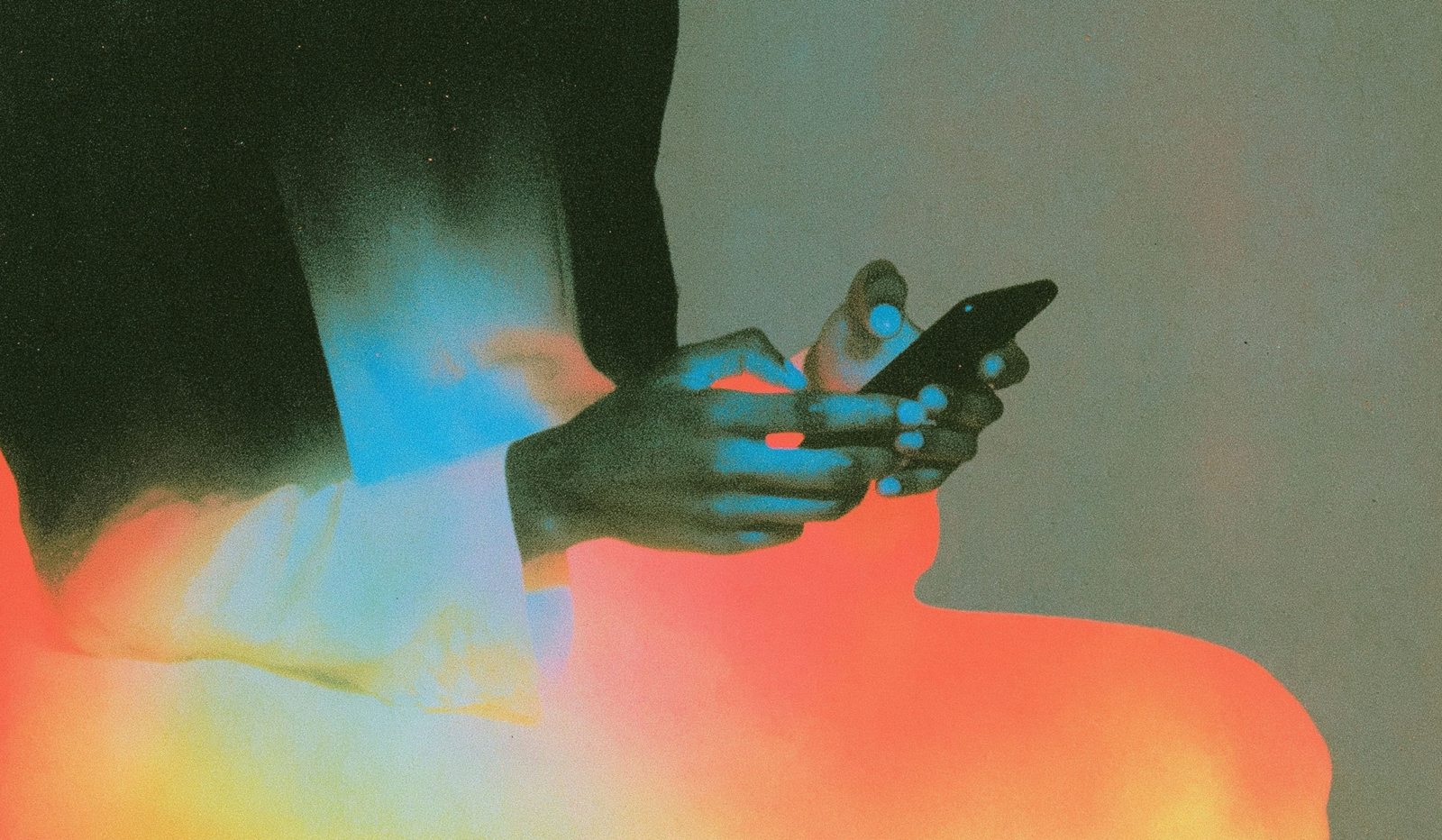 Hands holding a phone with light leaks
