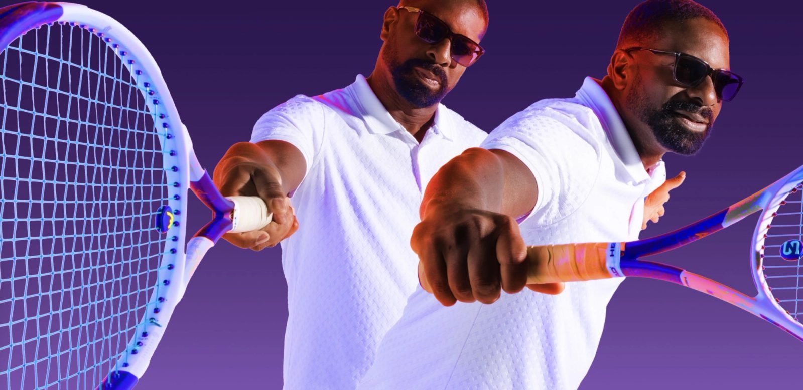 DJ Irie holding tennis rackets in a mirrored campaign portrait