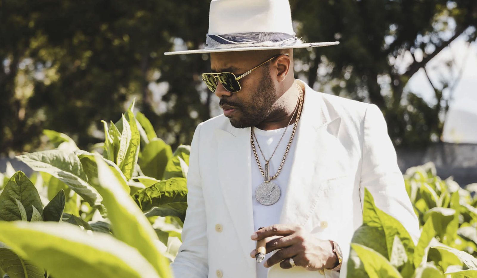 Man in a white suit in a tobacco field